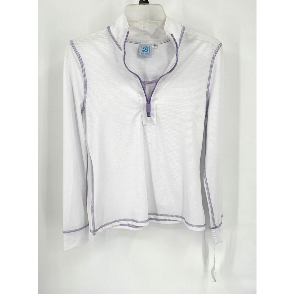 Beth Depass Long Sleeve Sports Golf Shirt Small White Purple Collar 1/4 Zip
